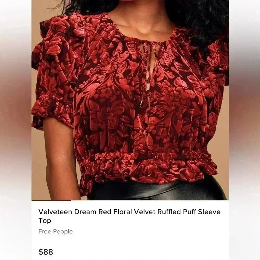 Free People Ruched Red & Black Velvet Floral Top 😍♥️
